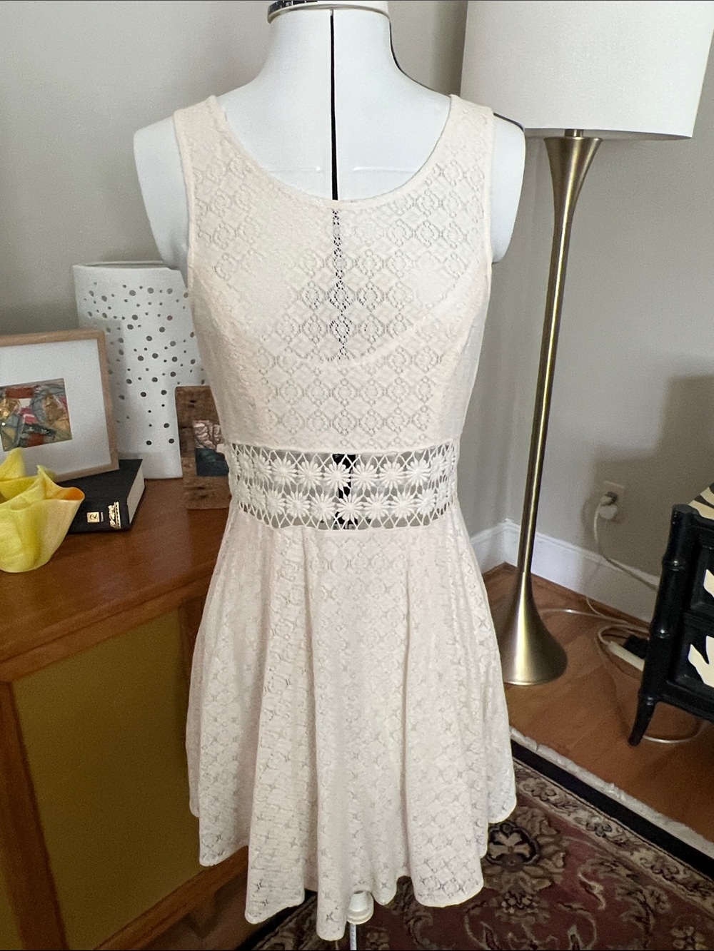 Free People Cream Lace Fit-and-Flare Mini Dress with Crochet Waist